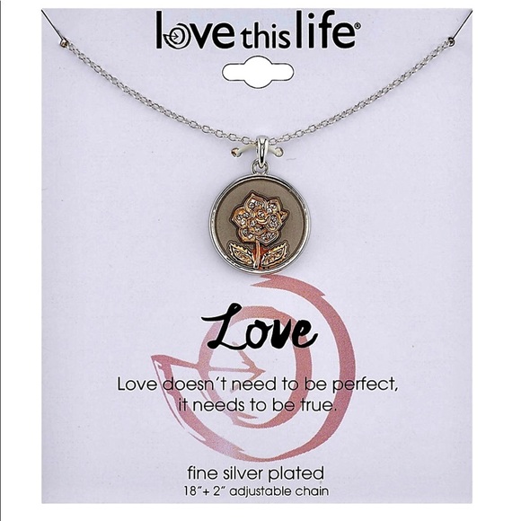 NWT Love this Life Two-Tone Flower Necklace Inscription on Back - Picture 1 of 3